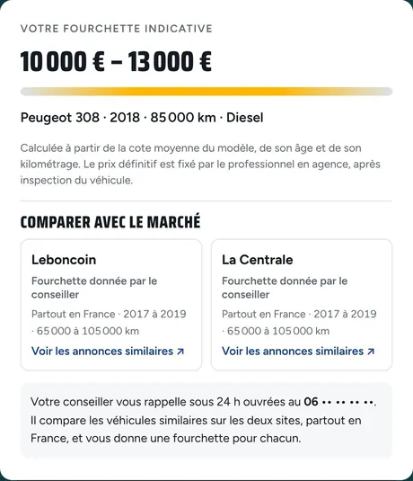 Exemple de résultat d'estimation La Bonne Cote : fourchette indicative de 10 000 € à 13 000 € pour une Peugeot 308 diesel de 2018 à 85 000 km